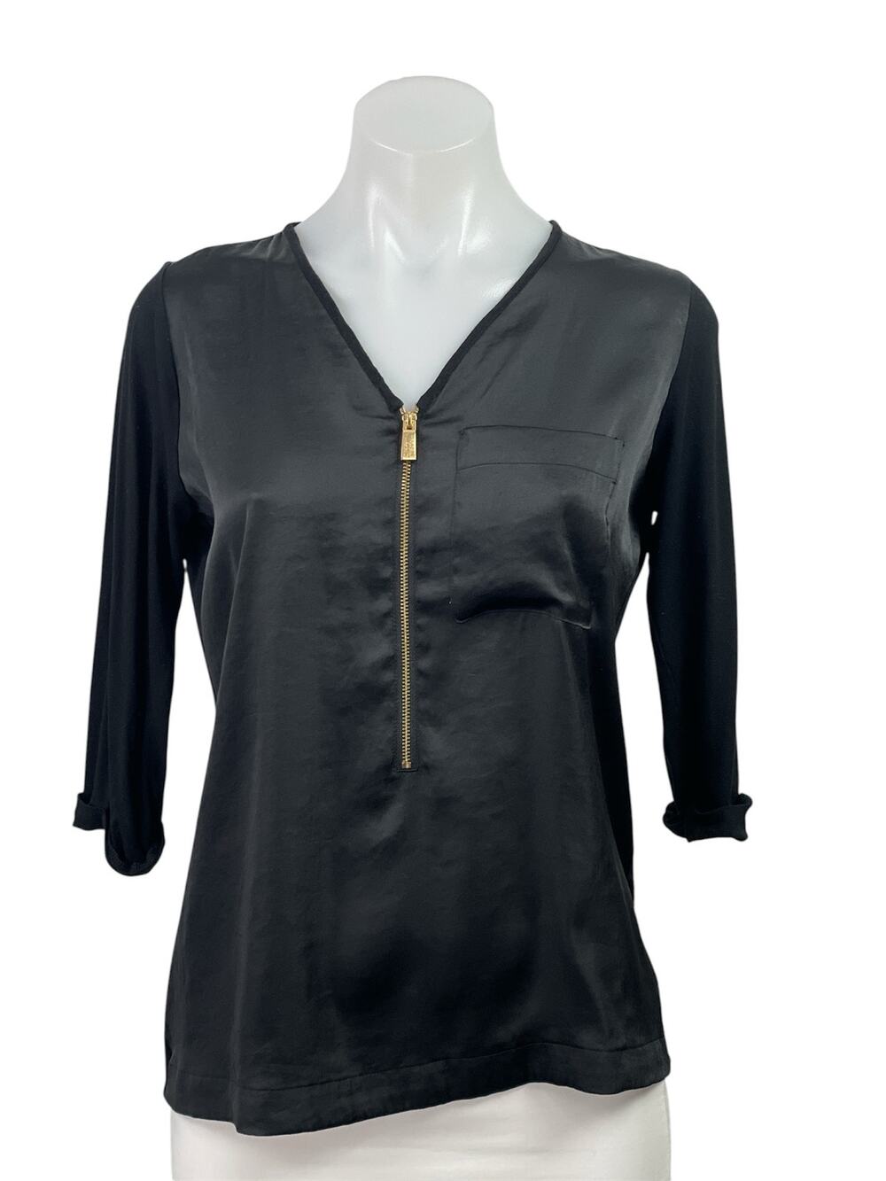 Vince Camuto Women's Black Silk Satin 3/4 Sleeve Gold Zip Blouse Top Size PS
